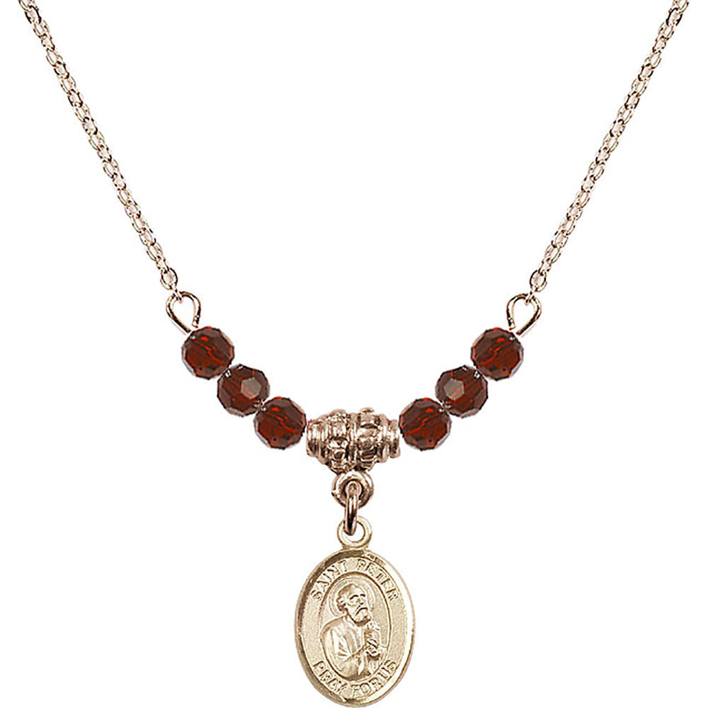 14kt Gold Filled Saint Peter the Apostle Birthstone Necklace with Garnet Beads - 9090