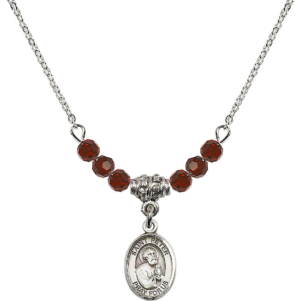 Sterling Silver Saint Peter the Apostle Birthstone Necklace with Garnet Beads - 9090