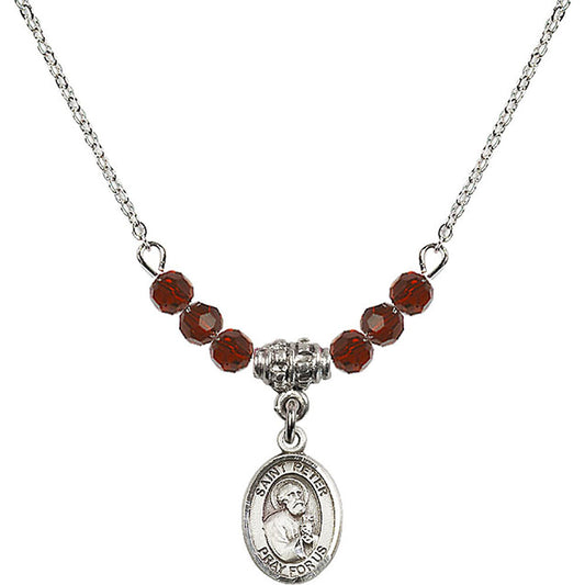 Sterling Silver Saint Peter the Apostle Birthstone Necklace with Garnet Beads - 9090
