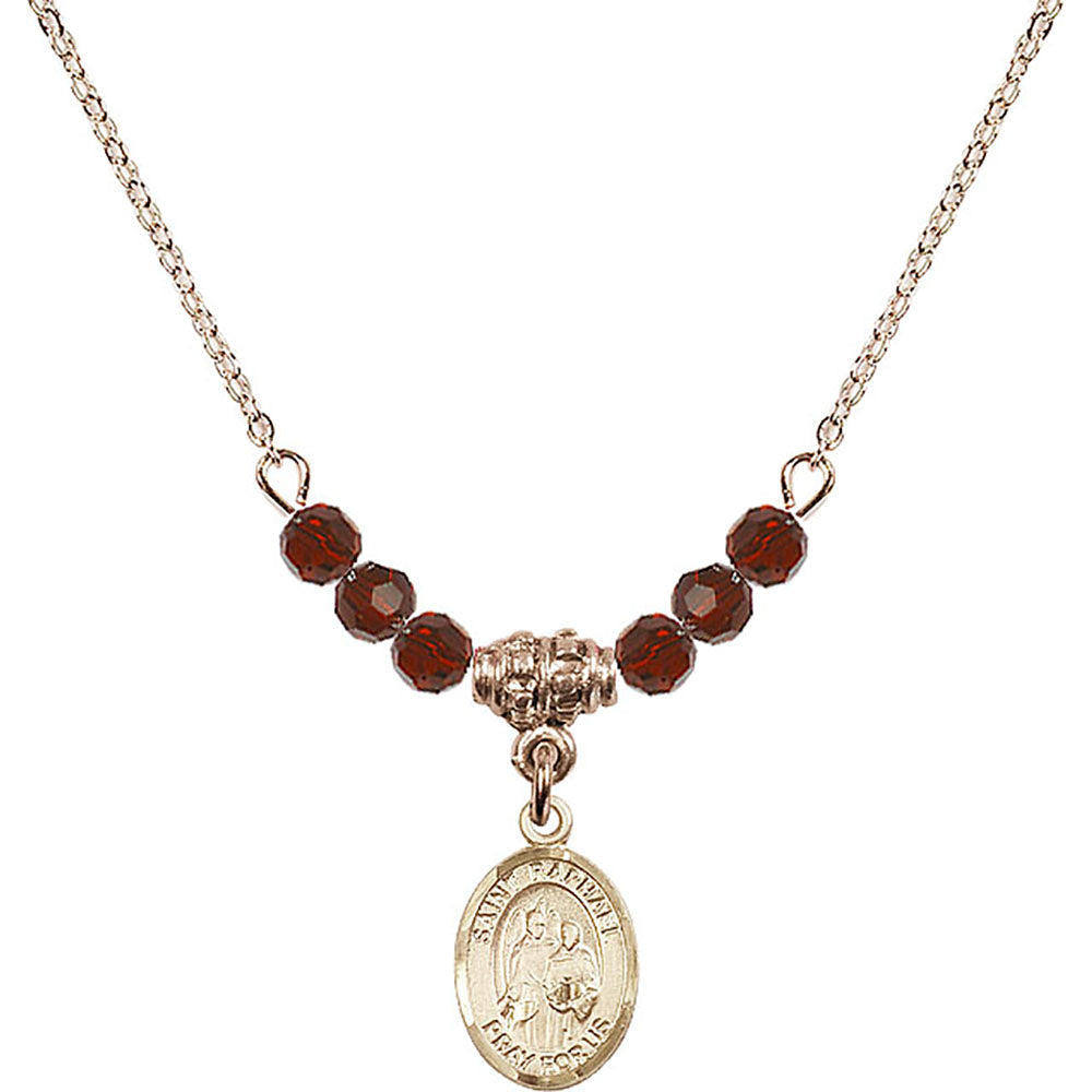 14kt Gold Filled Saint Raphael the Archangel Birthstone Necklace with Garnet Beads - 9092