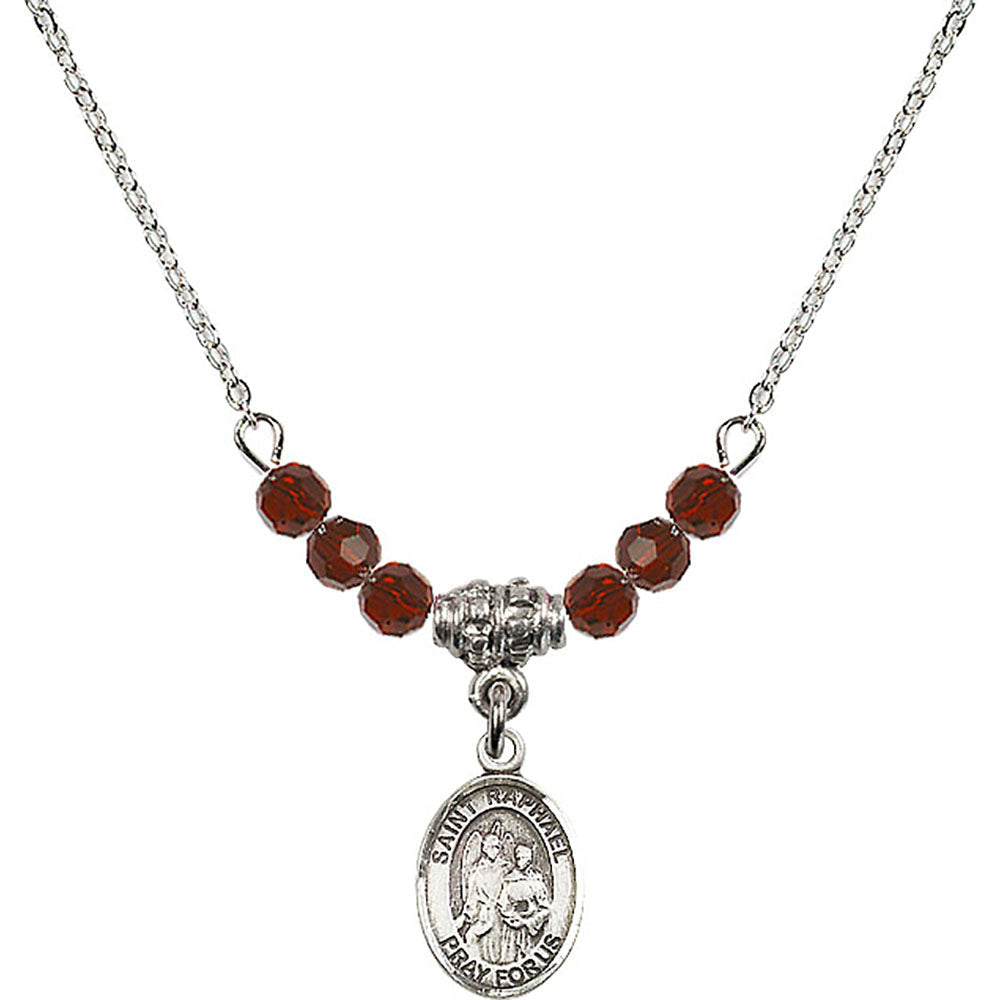Sterling Silver Saint Raphael the Archangel Birthstone Necklace with Garnet Beads - 9092