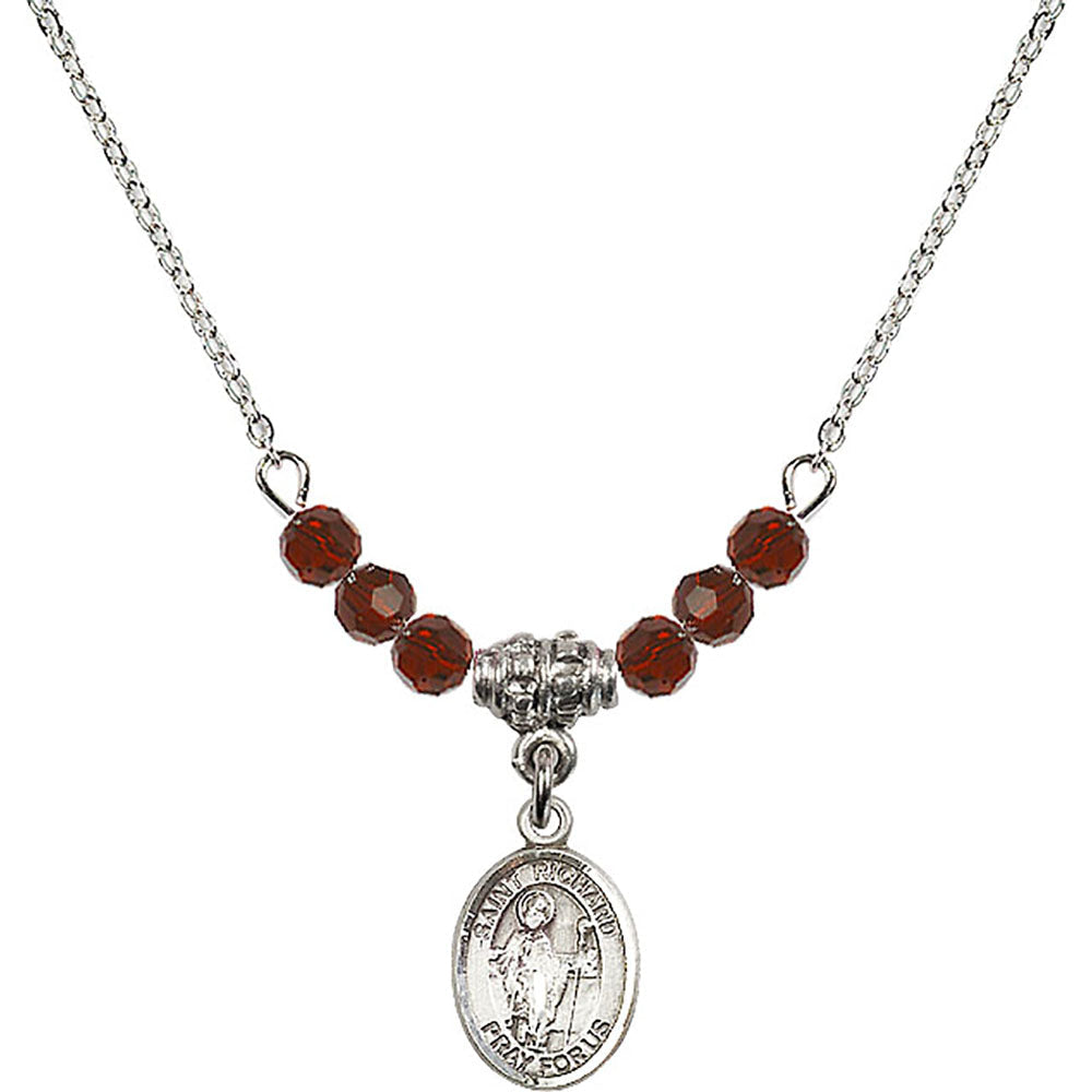 Sterling Silver Saint Richard Birthstone Necklace with Garnet Beads - 9093