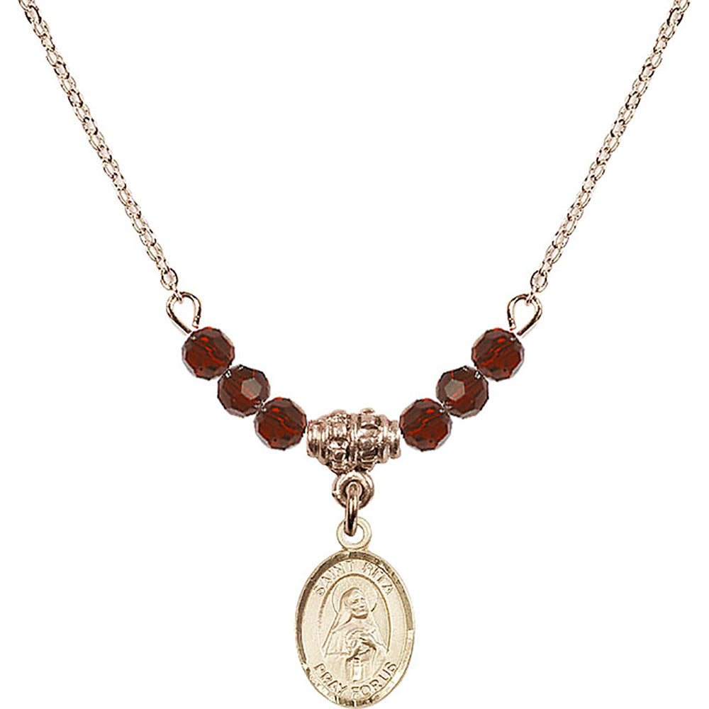 14kt Gold Filled Saint Rita of Cascia Birthstone Necklace with Garnet Beads - 9094