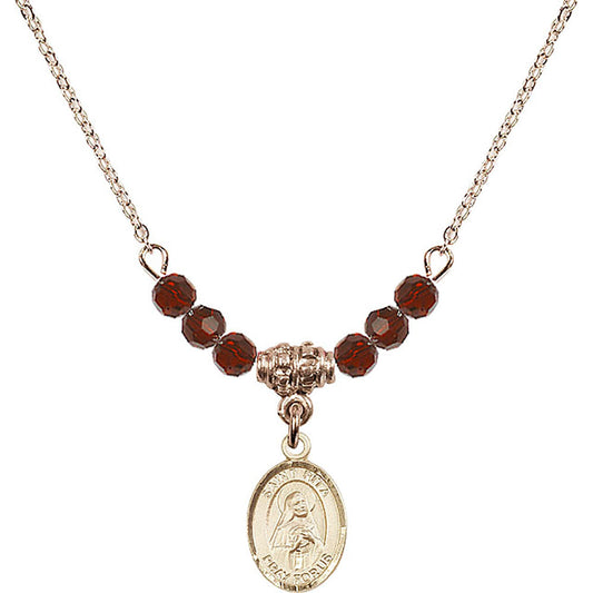 14kt Gold Filled Saint Rita of Cascia Birthstone Necklace with Garnet Beads - 9094
