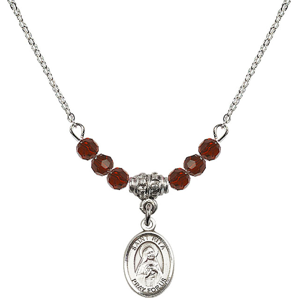 Sterling Silver Saint Rita of Cascia Birthstone Necklace with Garnet Beads - 9094