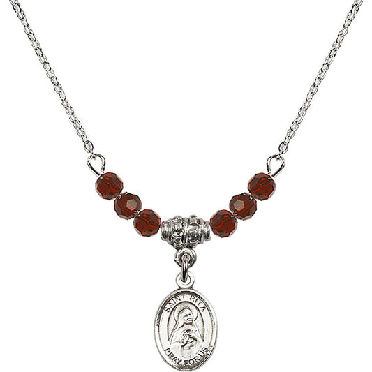 Sterling Silver Saint Rita of Cascia Birthstone Necklace with Garnet Beads - 9094