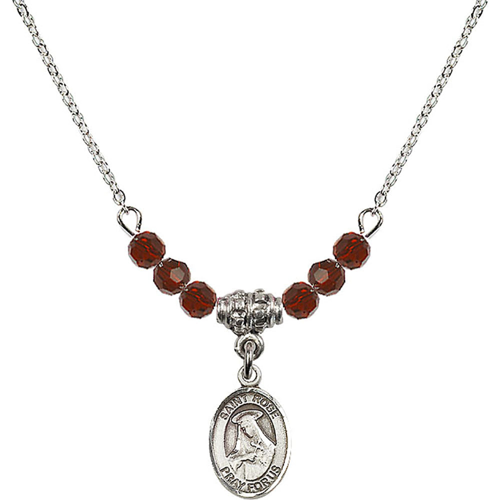 Sterling Silver Saint Rose of Lima Birthstone Necklace with Garnet Beads - 9095