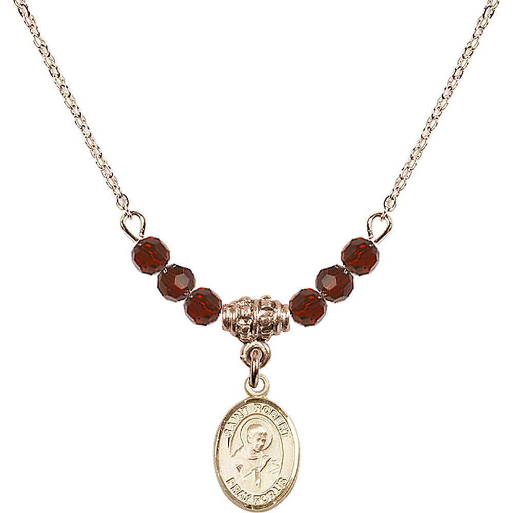 14kt Gold Filled Saint Robert Bellarmine Birthstone Necklace with Garnet Beads - 9096