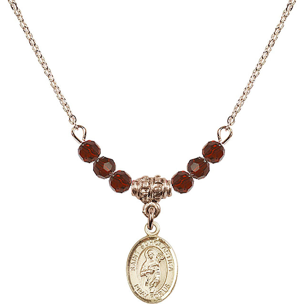 14kt Gold Filled Saint Scholastica Birthstone Necklace with Garnet Beads - 9099