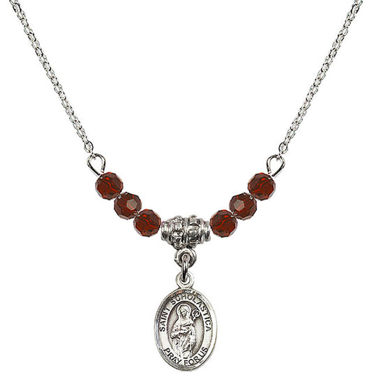 Sterling Silver Saint Scholastica Birthstone Necklace with Garnet Beads - 9099