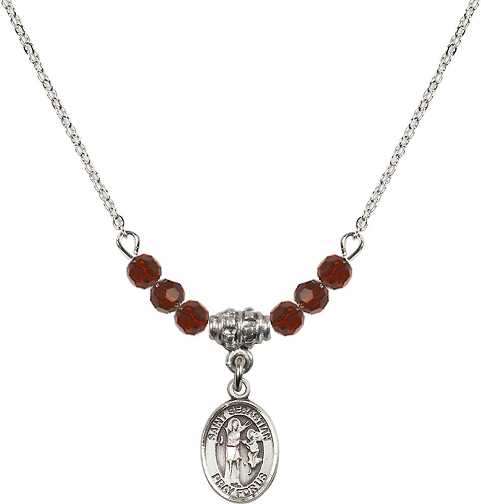 Sterling Silver Saint Sebastian Birthstone Necklace with Garnet Beads - 9100