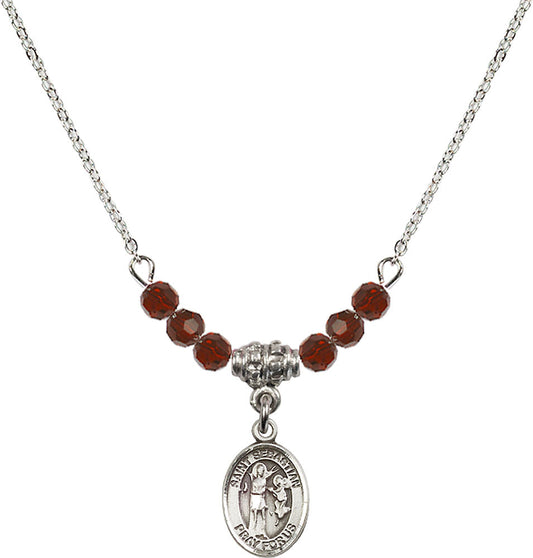 Sterling Silver Saint Sebastian Birthstone Necklace with Garnet Beads - 9100