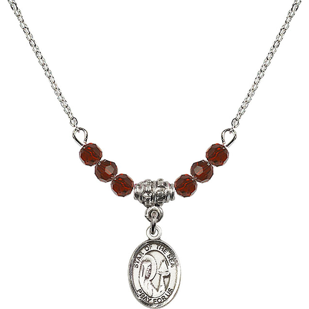 Sterling Silver Our Lady Star of the Sea Birthstone Necklace with Garnet Beads - 9101