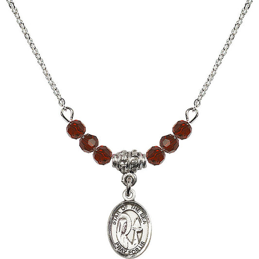 Sterling Silver Our Lady Star of the Sea Birthstone Necklace with Garnet Beads - 9101