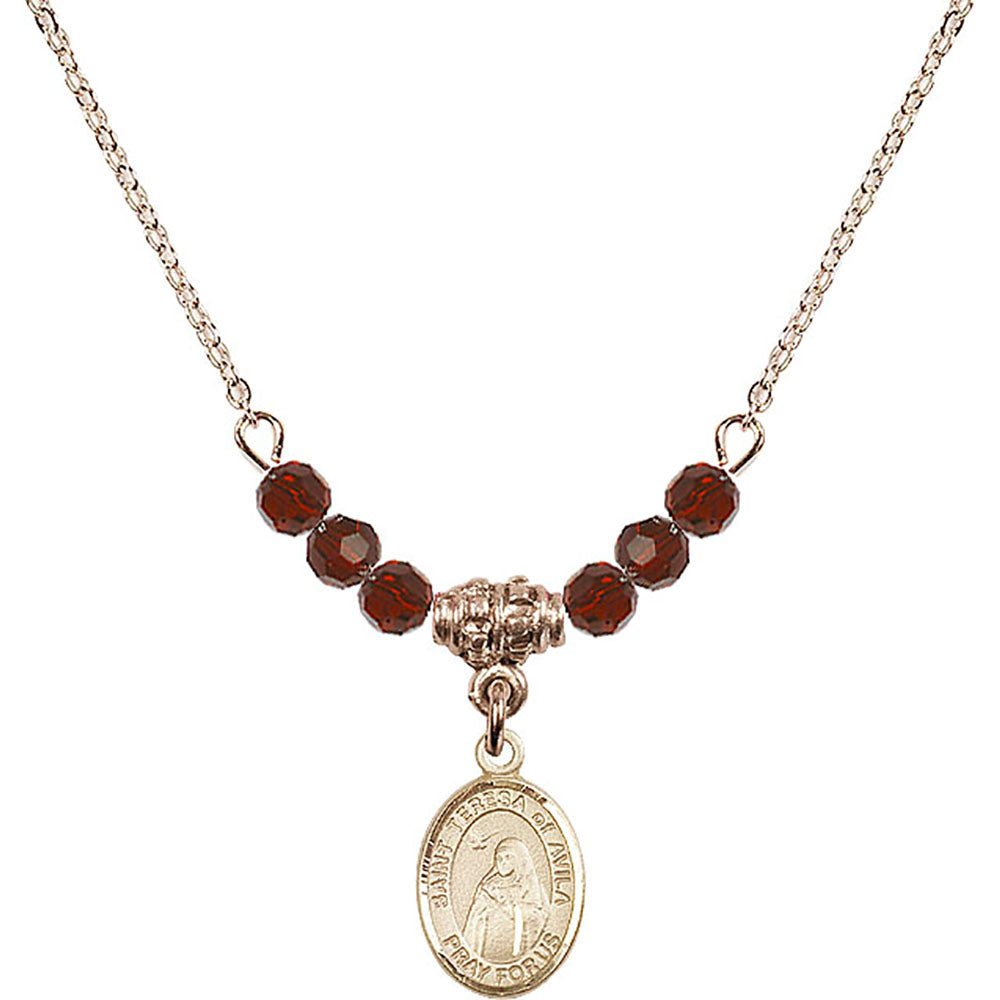 14kt Gold Filled Saint Teresa of Avila Birthstone Necklace with Garnet Beads - 9102