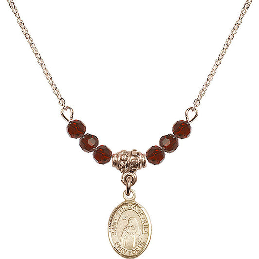 14kt Gold Filled Saint Teresa of Avila Birthstone Necklace with Garnet Beads - 9102