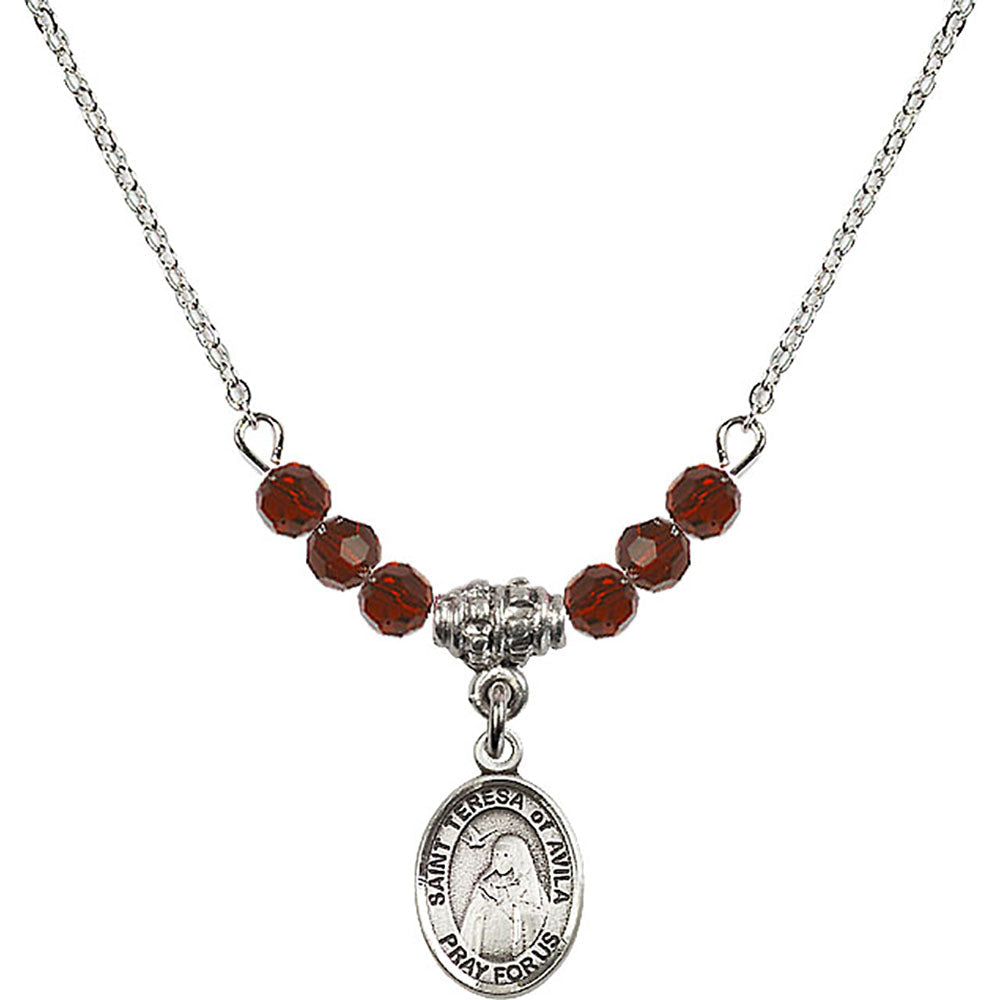 Sterling Silver Saint Teresa of Avila Birthstone Necklace with Garnet Beads - 9102