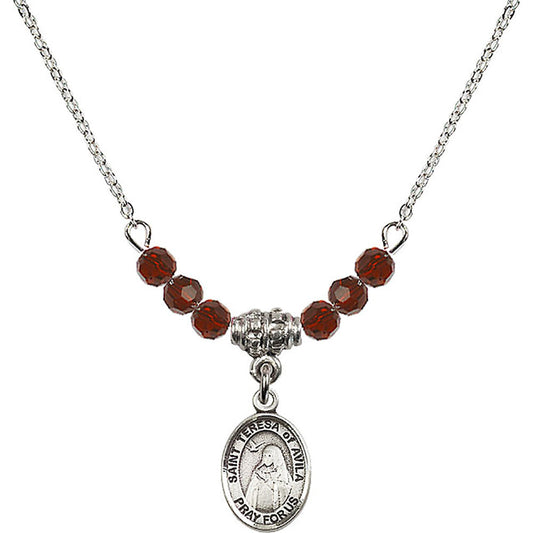 Sterling Silver Saint Teresa of Avila Birthstone Necklace with Garnet Beads - 9102