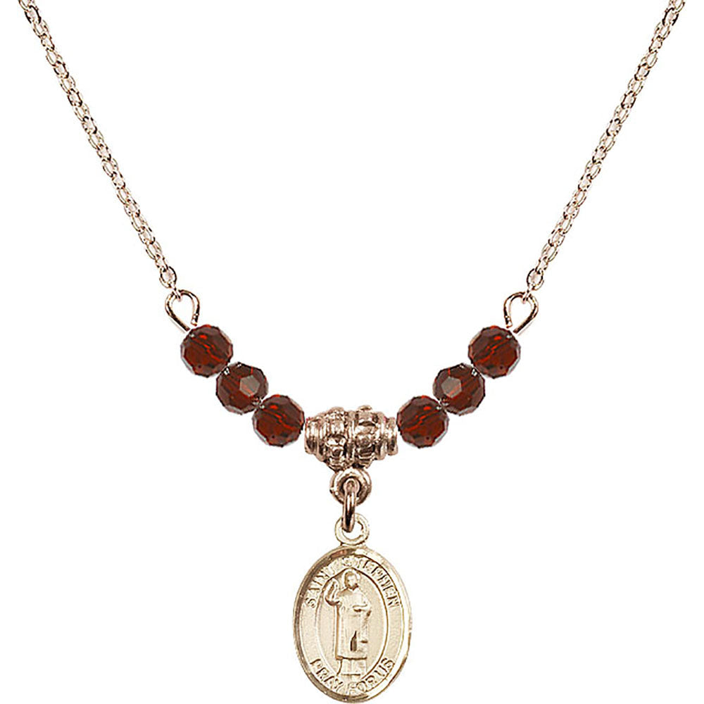 14kt Gold Filled Saint Stephen the Martyr Birthstone Necklace with Garnet Beads - 9104