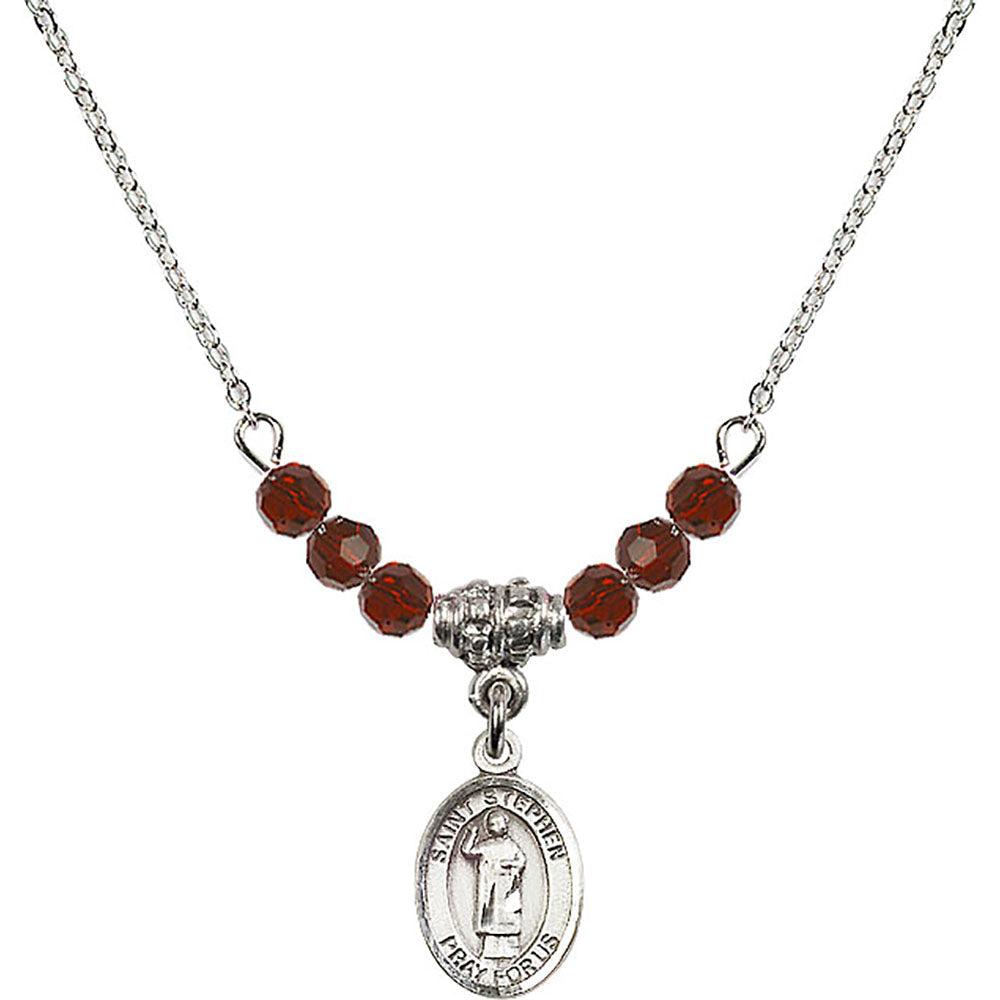 Sterling Silver Saint Stephen the Martyr Birthstone Necklace with Garnet Beads - 9104