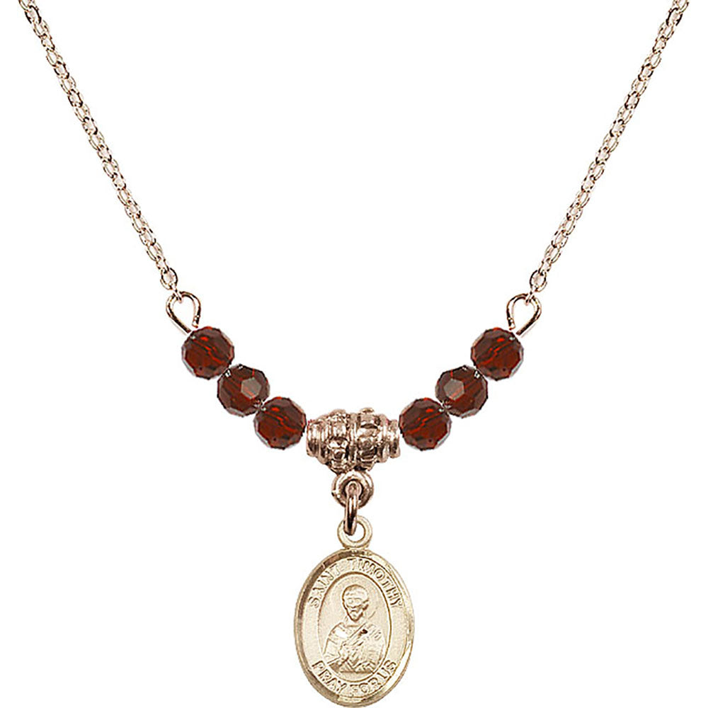 14kt Gold Filled Saint Timothy Birthstone Necklace with Garnet Beads - 9105