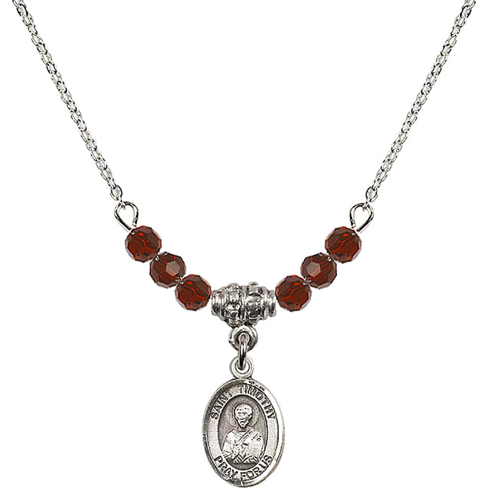 Sterling Silver Saint Timothy Birthstone Necklace with Garnet Beads - 9105