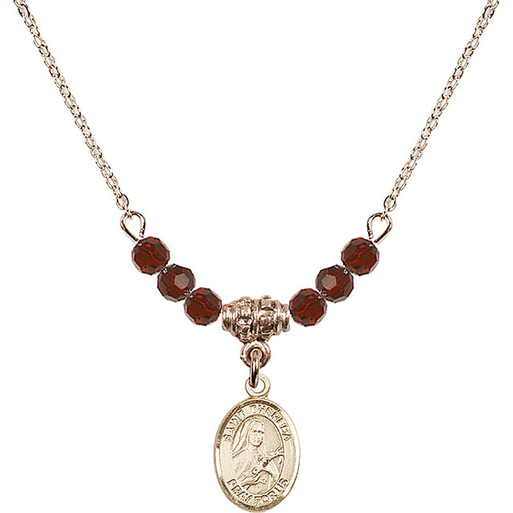 14kt Gold Filled Saint Theresa Birthstone Necklace with Garnet Beads - 9106