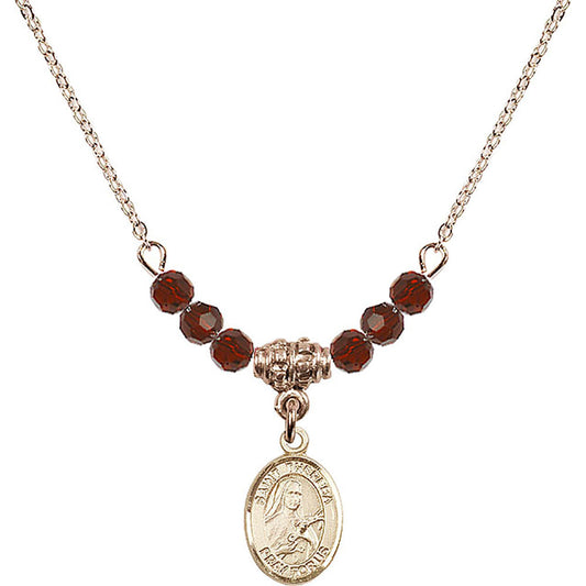 14kt Gold Filled Saint Theresa Birthstone Necklace with Garnet Beads - 9106
