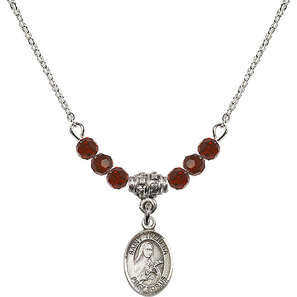 Sterling Silver Saint Theresa Birthstone Necklace with Garnet Beads - 9106