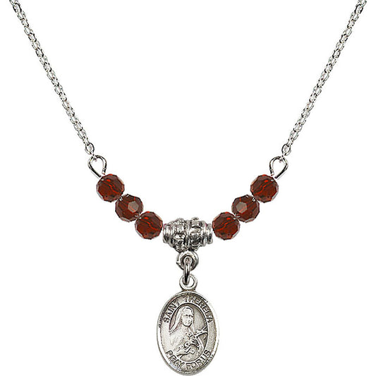 Sterling Silver Saint Theresa Birthstone Necklace with Garnet Beads - 9106
