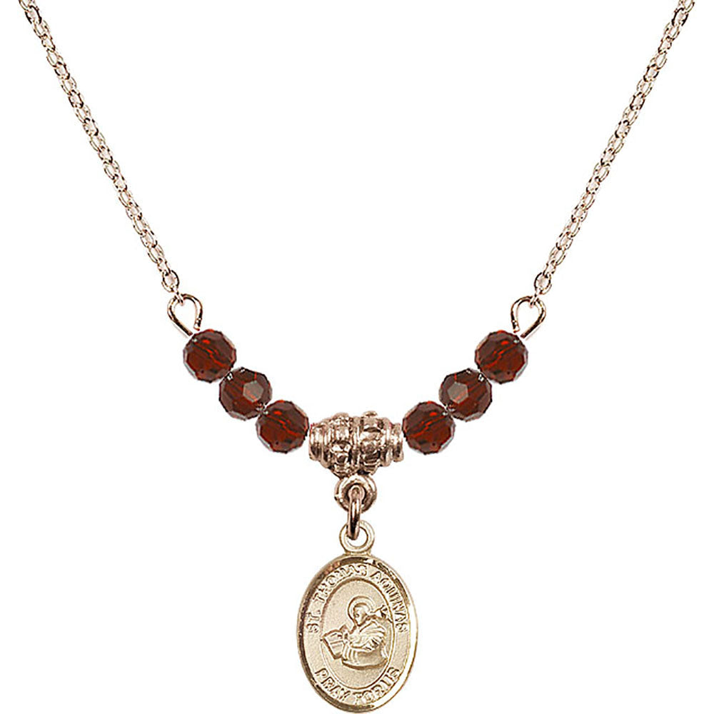 14kt Gold Filled Saint Thomas Aquinas Birthstone Necklace with Garnet Beads - 9108