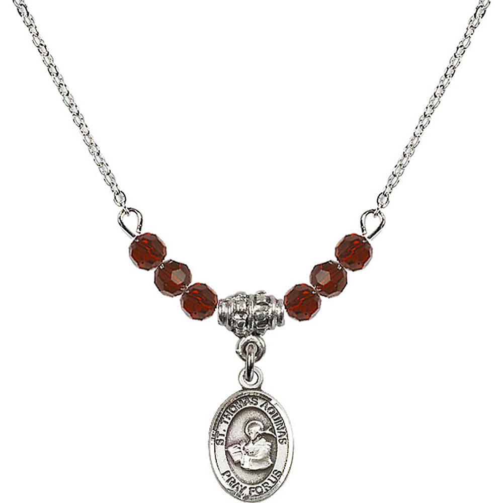 Sterling Silver Saint Thomas Aquinas Birthstone Necklace with Garnet Beads - 9108