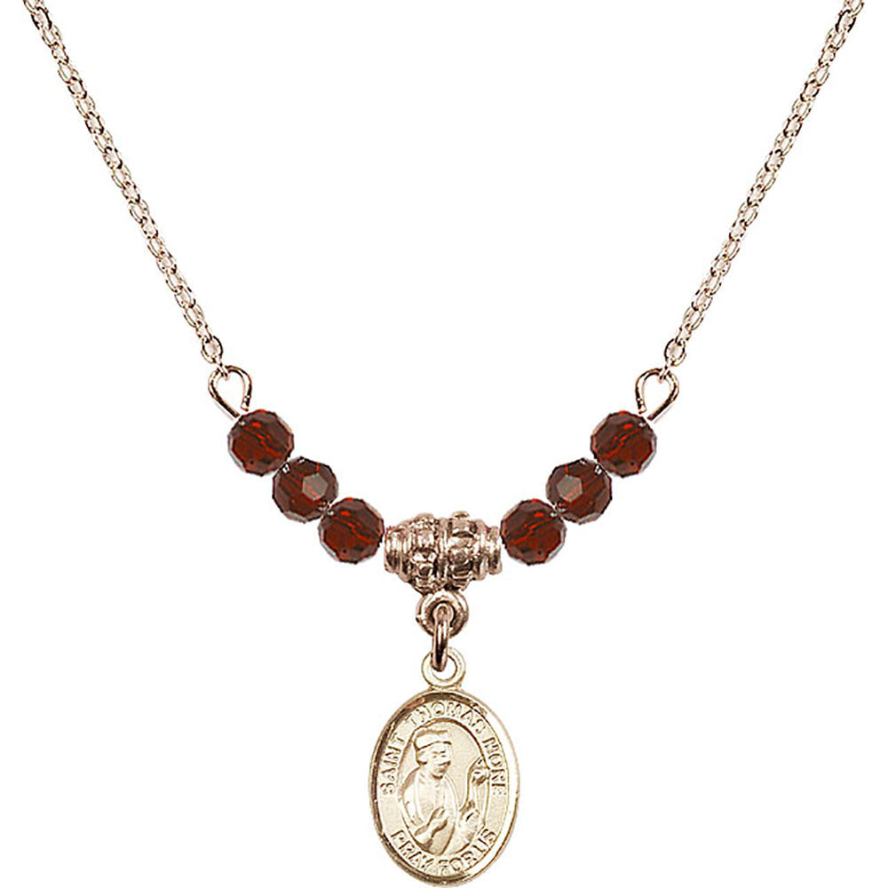 14kt Gold Filled Saint Thomas More Birthstone Necklace with Garnet Beads - 9109