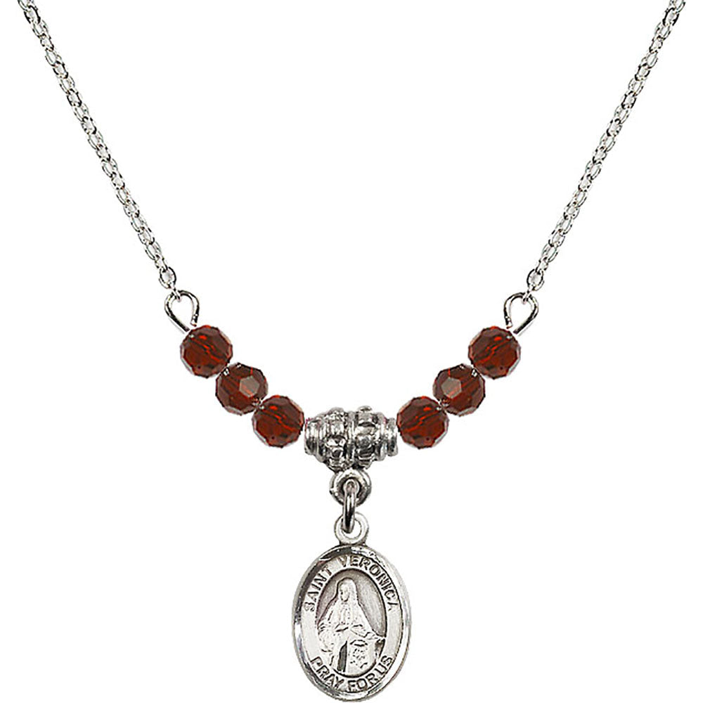 Sterling Silver Saint Veronica Birthstone Necklace with Garnet Beads - 9110