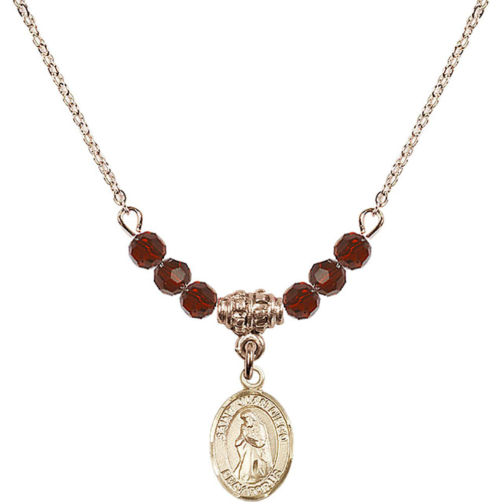 14kt Gold Filled Saint Juan Diego Birthstone Necklace with Garnet Beads - 9111