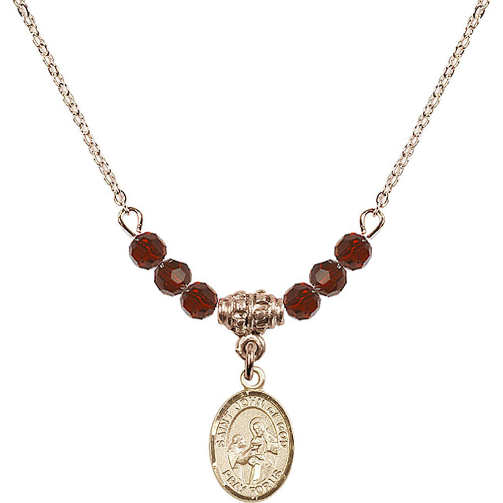 14kt Gold Filled Saint John of God Birthstone Necklace with Garnet Beads - 9112