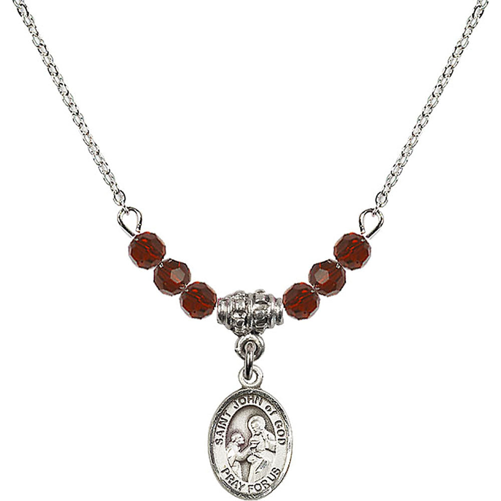 Sterling Silver Saint John of God Birthstone Necklace with Garnet Beads - 9112