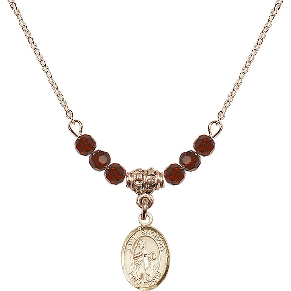 14kt Gold Filled Saint Zachary Birthstone Necklace with Garnet Beads - 9116