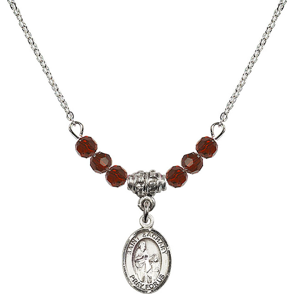 Sterling Silver Saint Zachary Birthstone Necklace with Garnet Beads - 9116