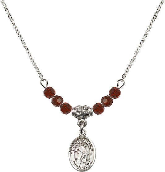 Sterling Silver Guardian Angel w/Child Birthstone Necklace with Garnet Beads - 9118
