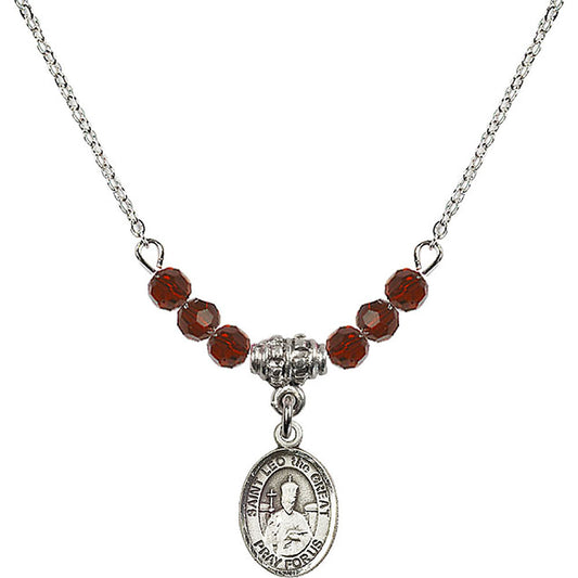 Sterling Silver Saint Leo the Great Birthstone Necklace with Garnet Beads - 9120