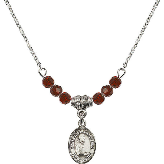 Sterling Silver Saint Pio of Pietrelcina Birthstone Necklace with Garnet Beads - 9125