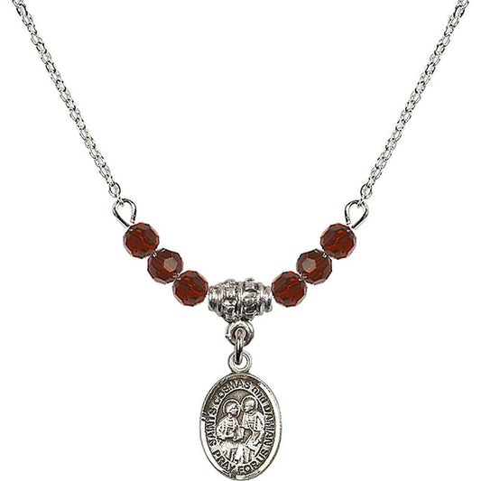 Sterling Silver Saints Cosmas & Damian Birthstone Necklace with Garnet Beads - 9132