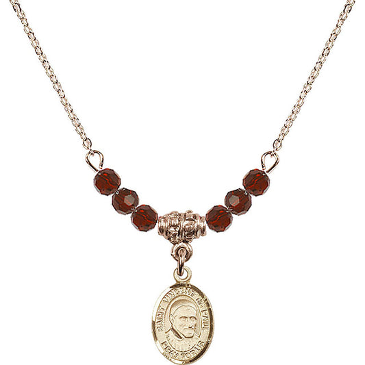 14kt Gold Filled Saint Vincent De Paul Birthstone Necklace with Garnet Beads - 9134