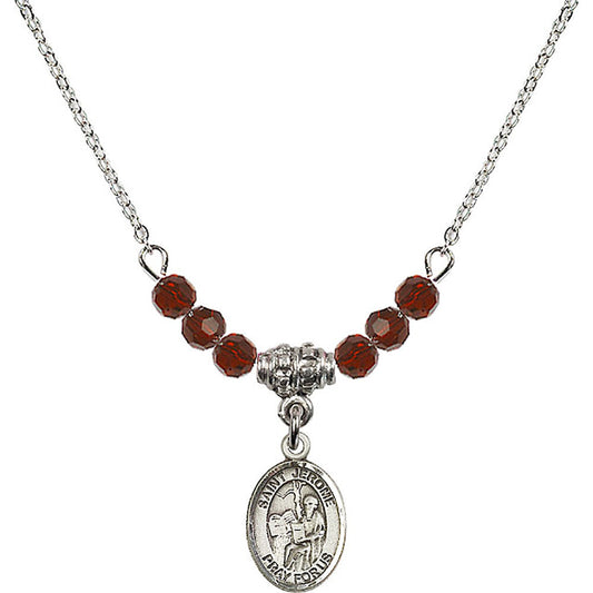 Sterling Silver Saint Jerome Birthstone Necklace with Garnet Beads - 9135