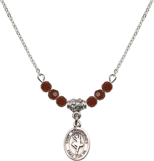 Sterling Silver Saint Christopher/Dance Birthstone Necklace with Garnet Beads - 9143