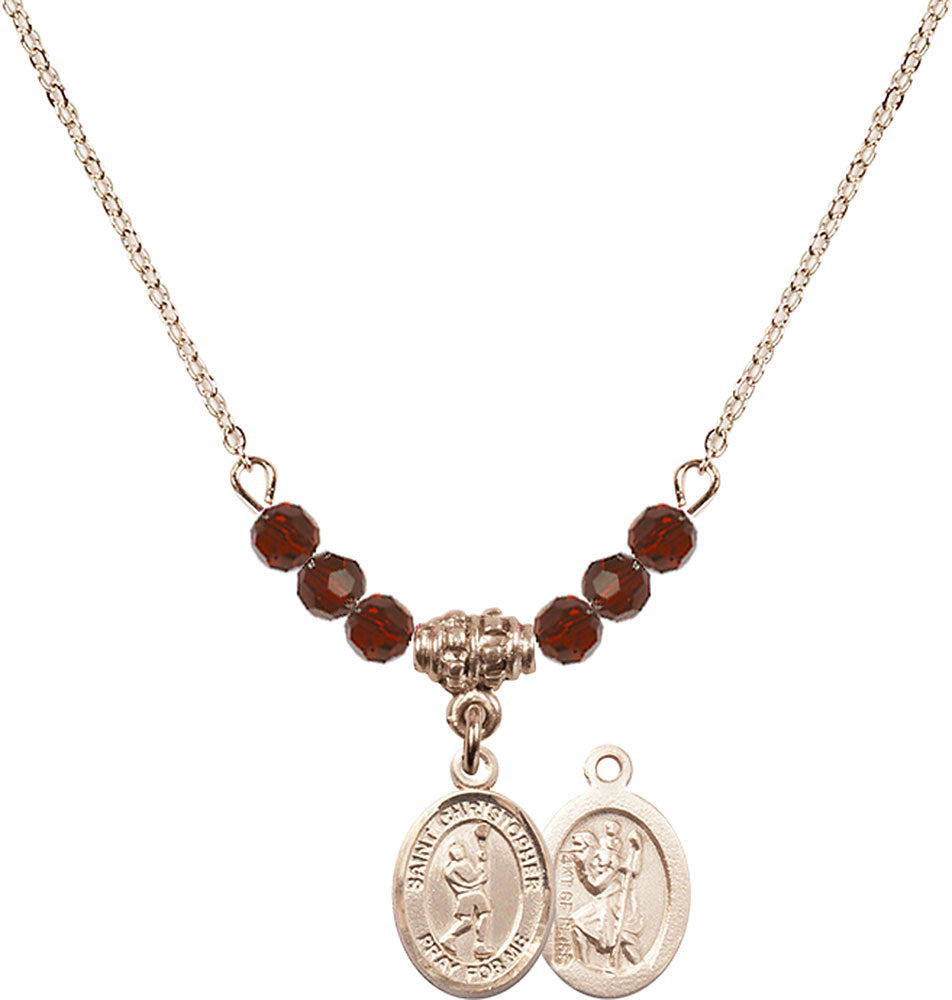 14kt Gold Filled Saint Christopher/Lacrosse Birthstone Necklace with Garnet Beads - 9144