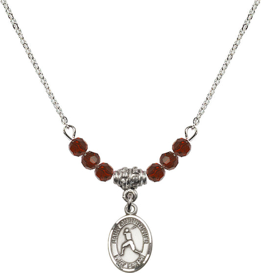 Sterling Silver Saint Christopher/Baseball Birthstone Necklace with Garnet Beads - 9150