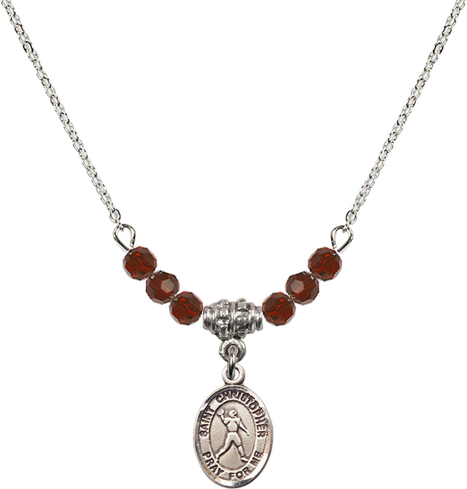 Sterling Silver Saint Christopher/Football Birthstone Necklace with Garnet Beads - 9151