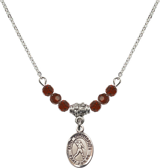 Sterling Silver Saint Christopher/Football Birthstone Necklace with Garnet Beads - 9151